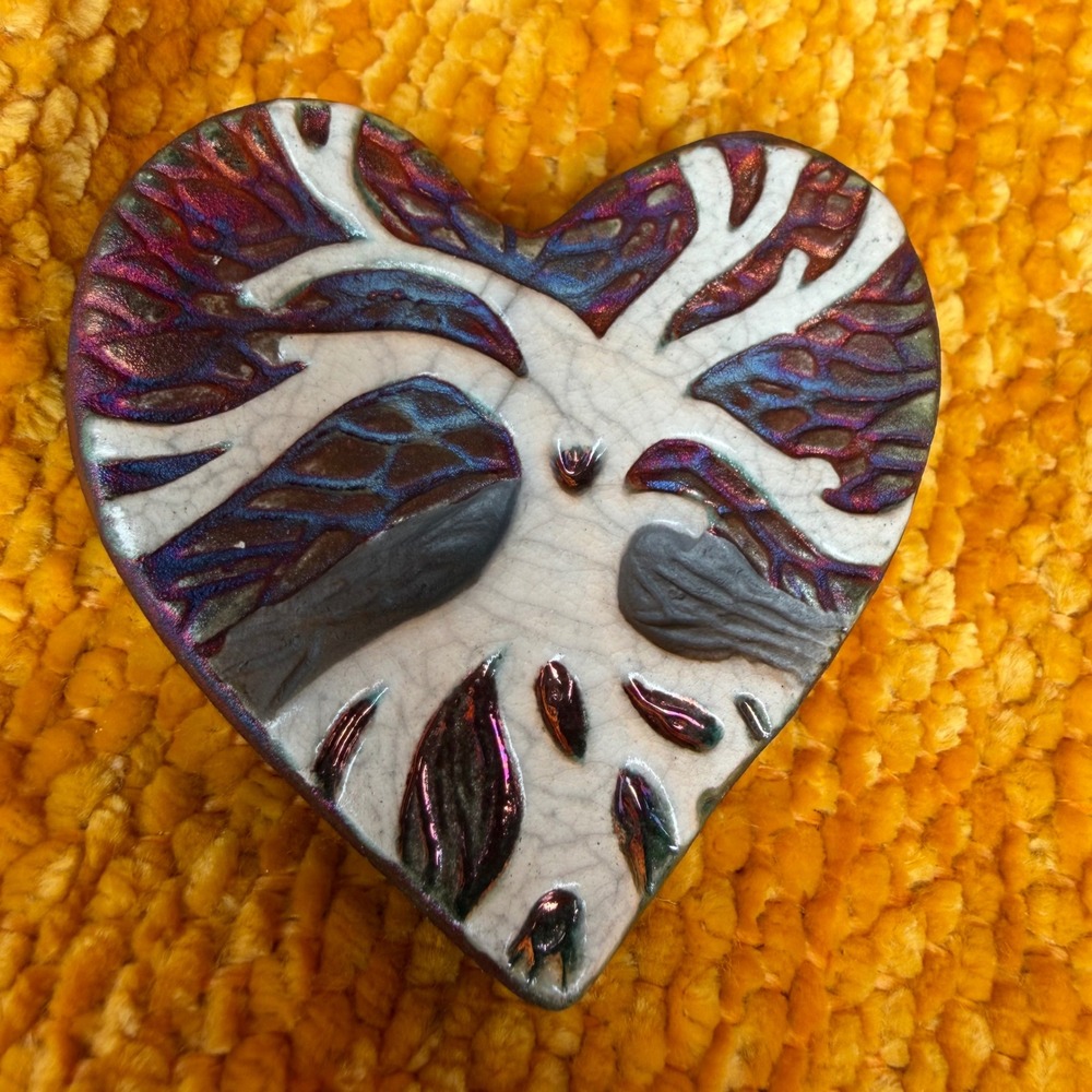 J. Dille Signed Studio Pottery Raku Heart Paperweight Iridescent Tree of Life